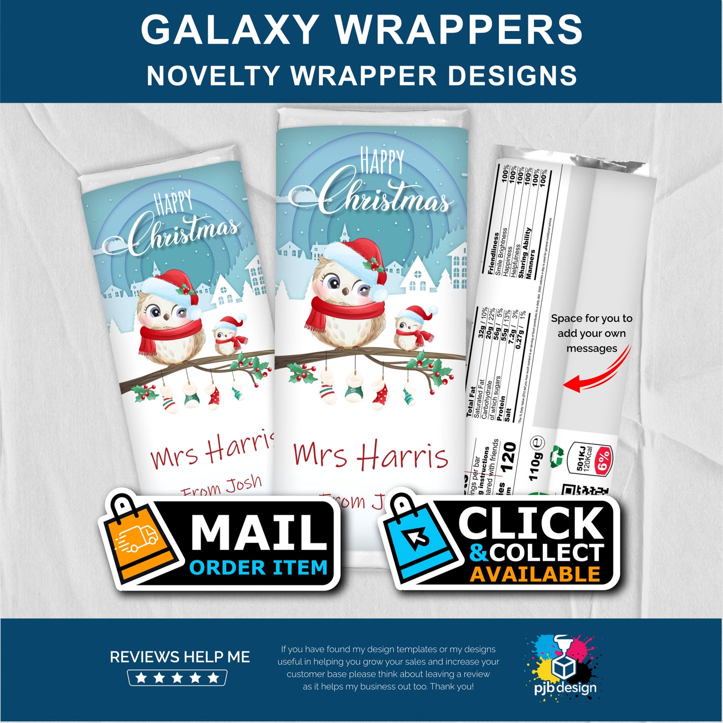 Teacher Christmas Owl Galaxy Chocolate Bar Custom Gift Wrapper