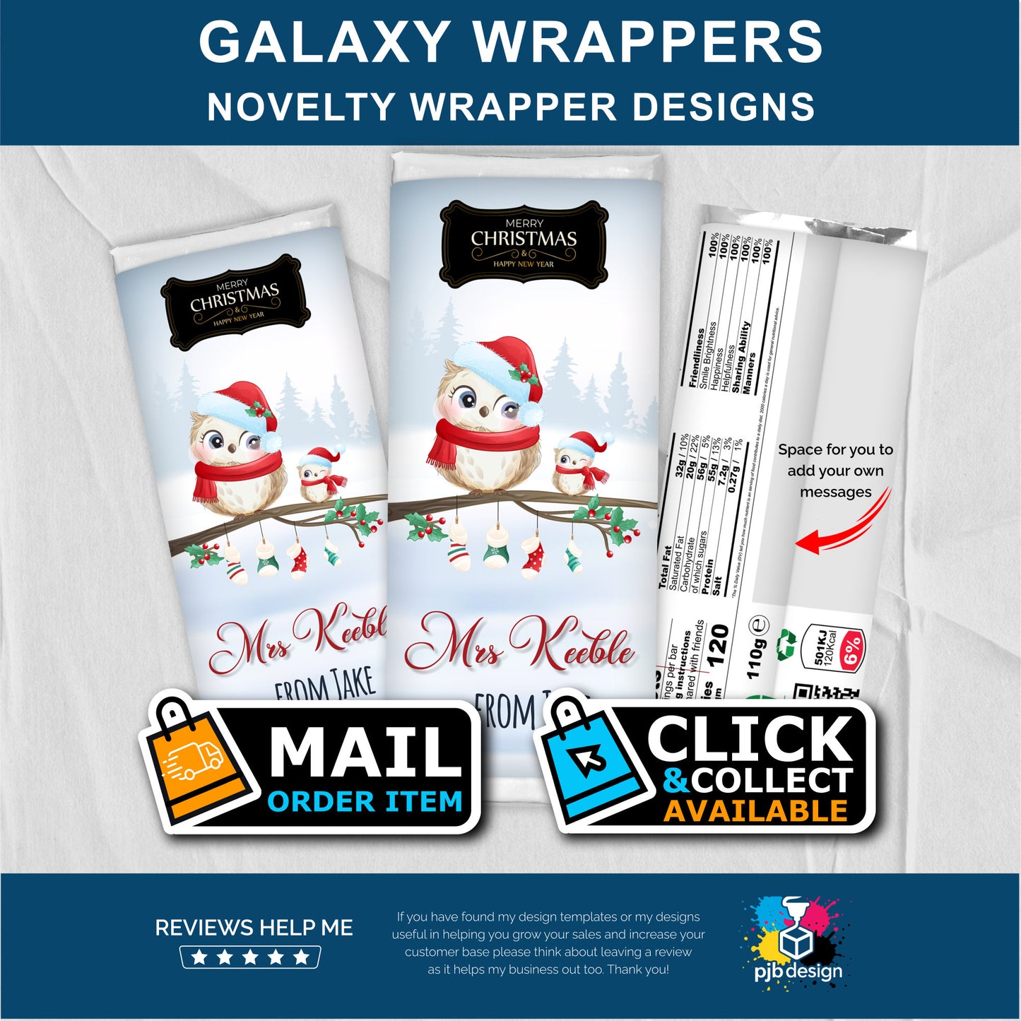 Teacher Christmas Owl Galaxy Chocolate Bar Custom Gift Wrapper