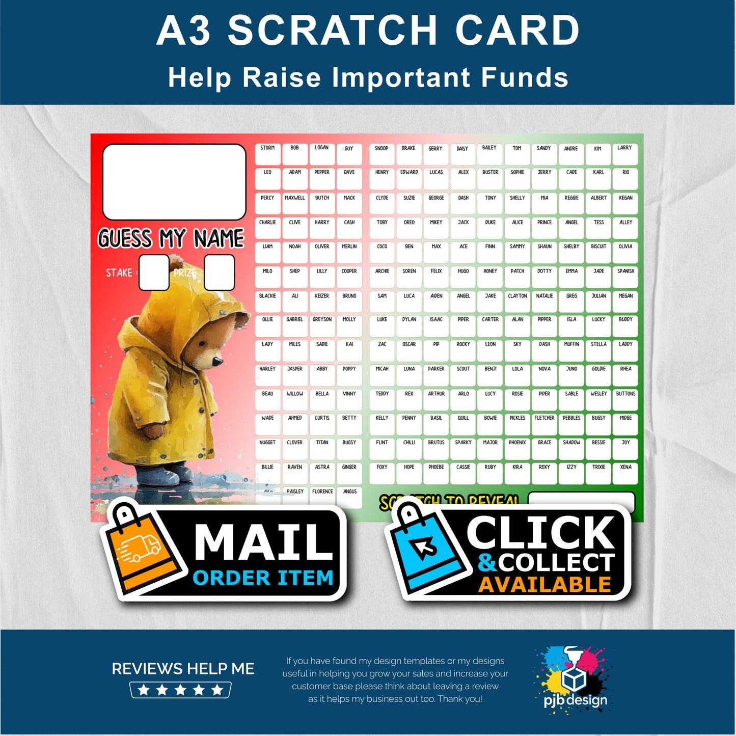 Bear Name Charity Fund Raising Scratch Card - A3 Fund Raising Product