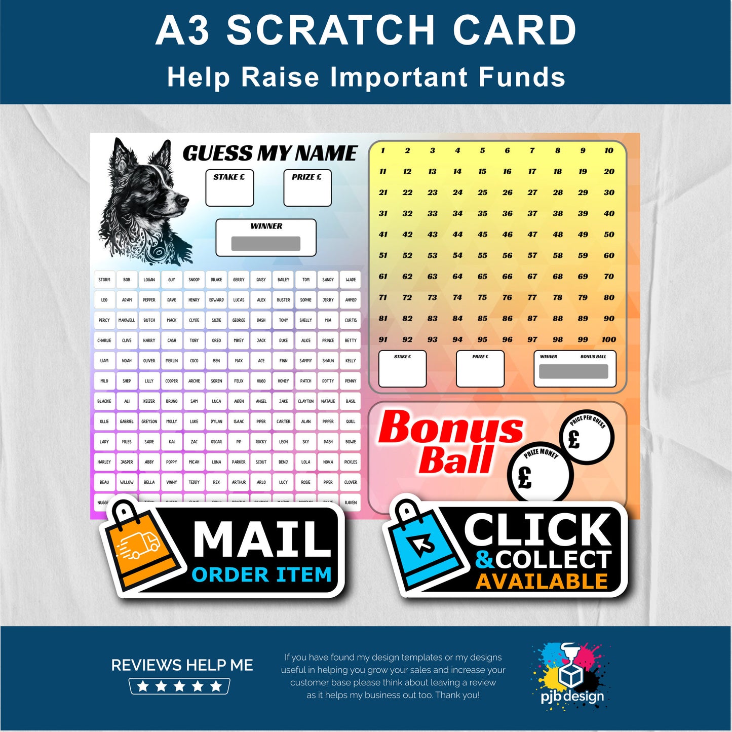 Dog Themed Mega Charity Fund Raising Scratch Card - A3 Fund Raising Product