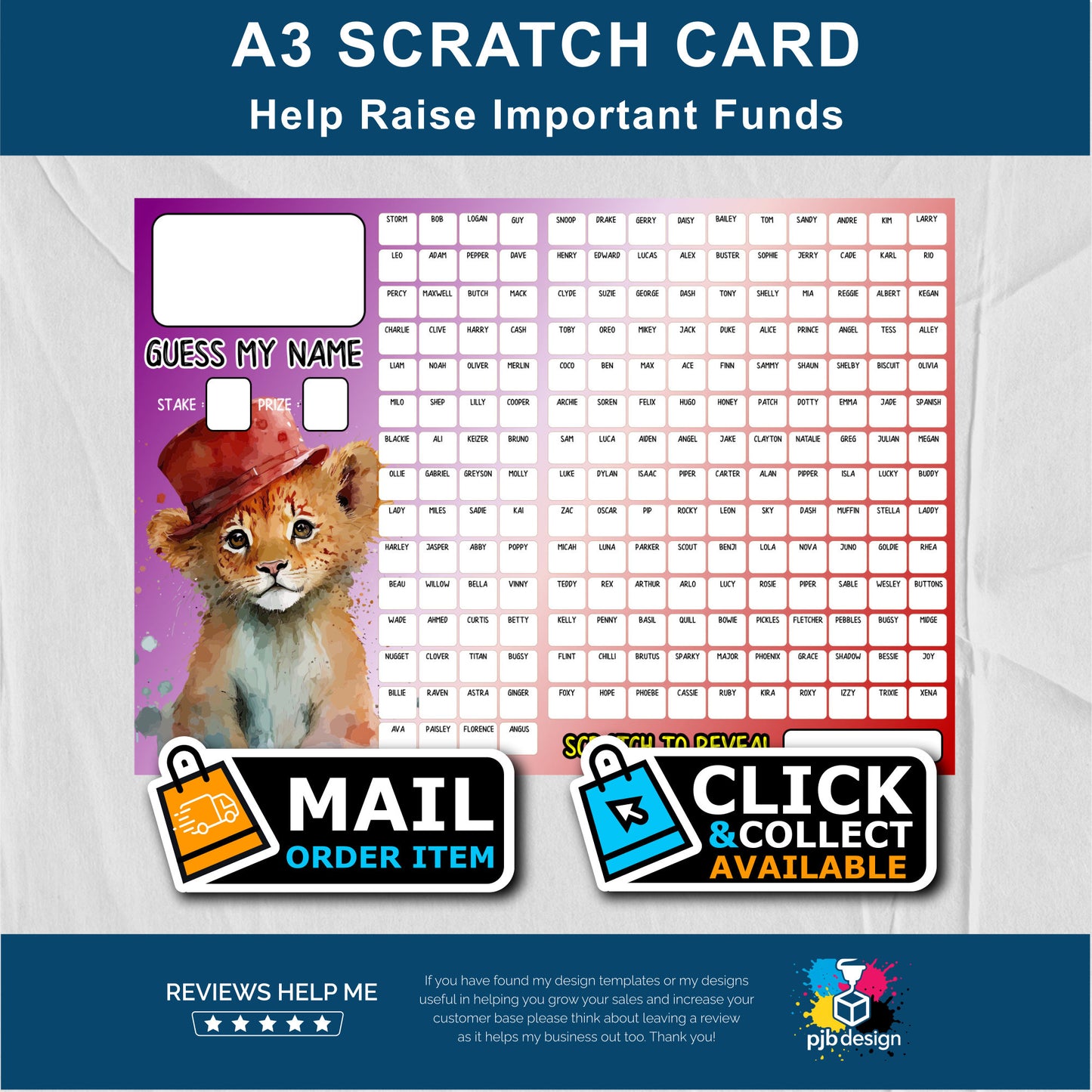 Guess The Name Charity Fund Raising Scratch Card - A3 Fund Raising Product