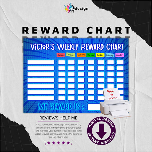 Childrens Reward Chart Blue Theme with Blank Sections - A4 Print at Home