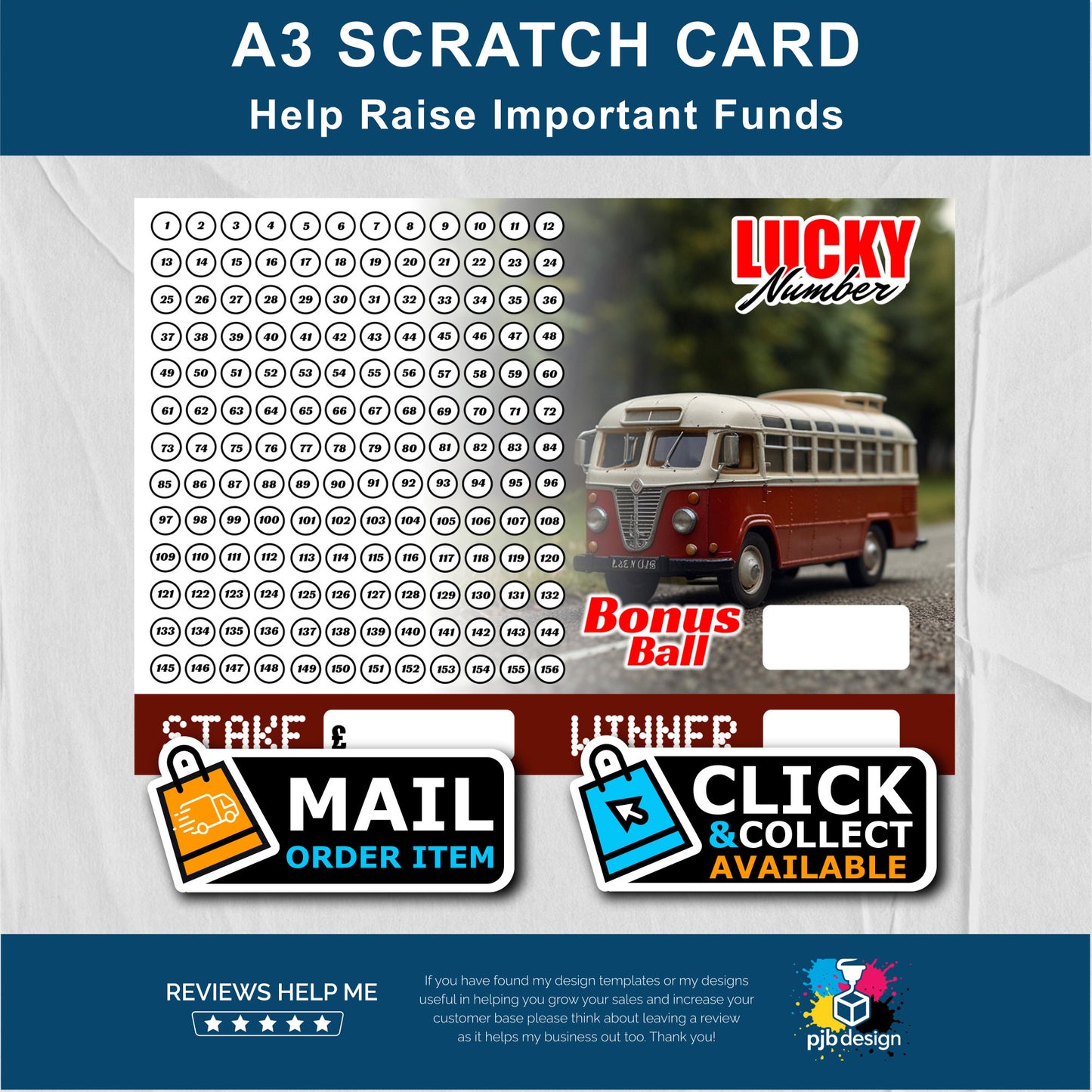 Vintage Bus Themed Guess The Number Charity Fund Raising Scratch Card - A3 Fund Raising Product