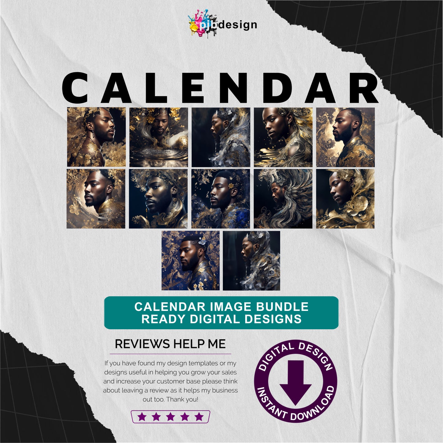 Gold Themed Black Men Abstract Themed Calendar Pack of 12 Edited Ai Generated Art Pack