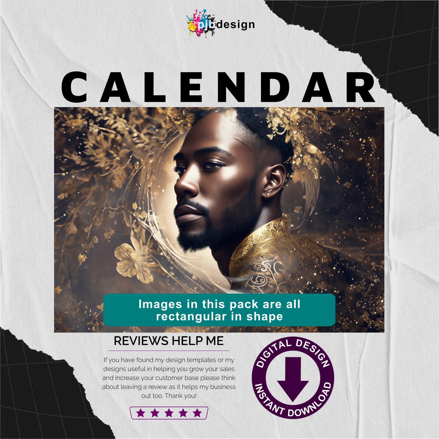 Gold Themed Black Men Abstract Themed Calendar Pack of 12 Edited Ai Generated Art Pack