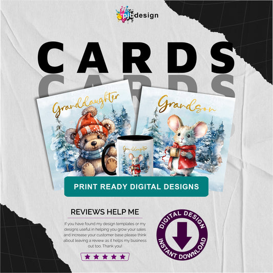 Cute Christmas Cards for Grandchildren - Festive Card Design Double Pack- PNG