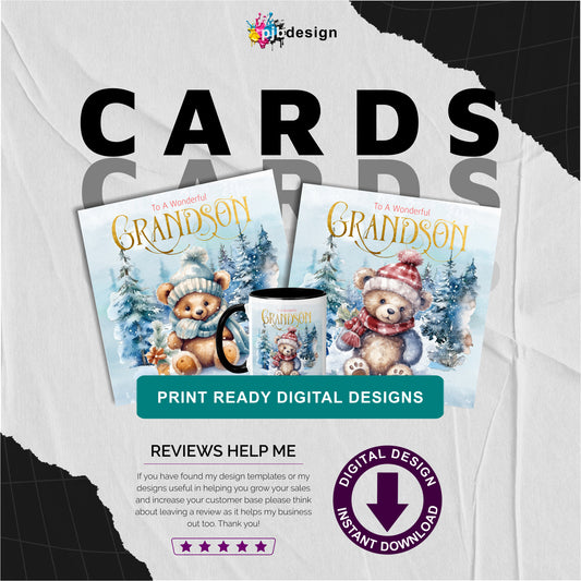 Cute Christmas Cards for Grandsons - Festive Card Design Double Pack- PNG