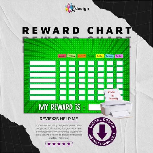 Childrens Reward Chart Green Theme with Blank Sections - A4 Print at Home