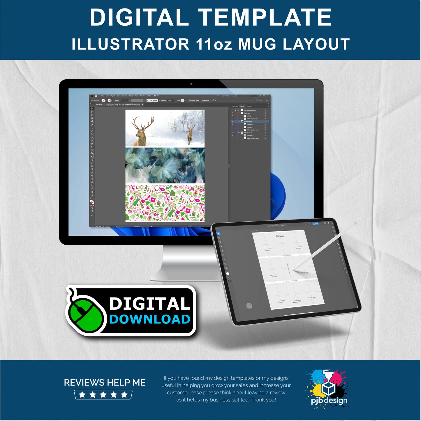 Adobe Illustrator 11oz Ceramic Mug Layout Design Template - 2 Wraps USL Page