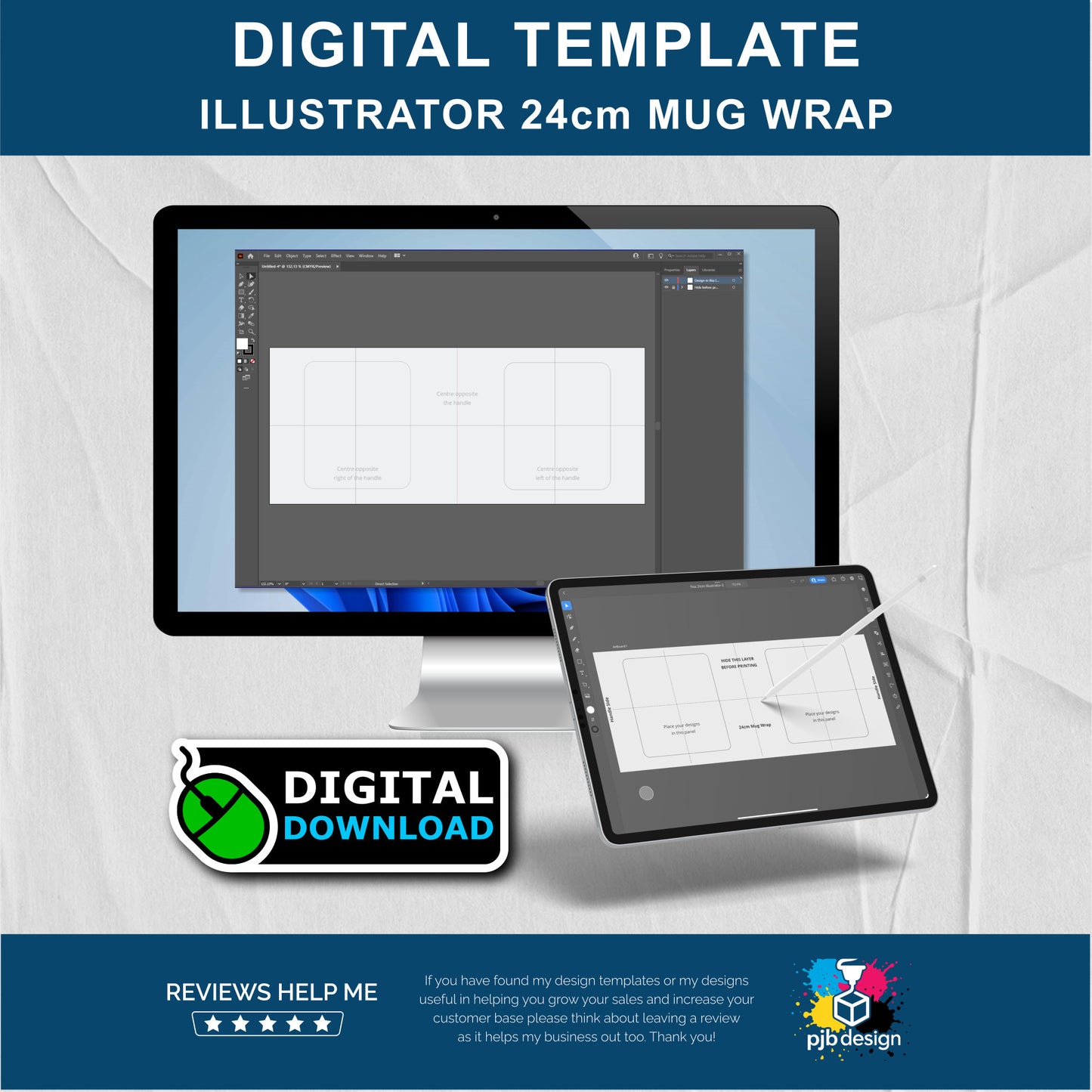 Illustrator 11oz Pre-Cut 24cm Wrap for Ceramic Mug Layout Design Template
