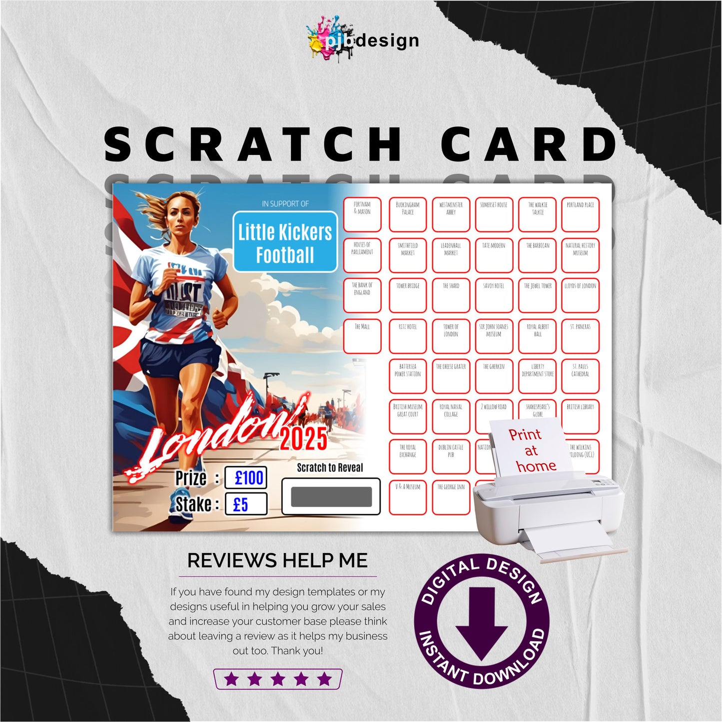 London Marathon 2025 Themed Charity Fund Raising Scratch Card v3 - A4 Print at Home