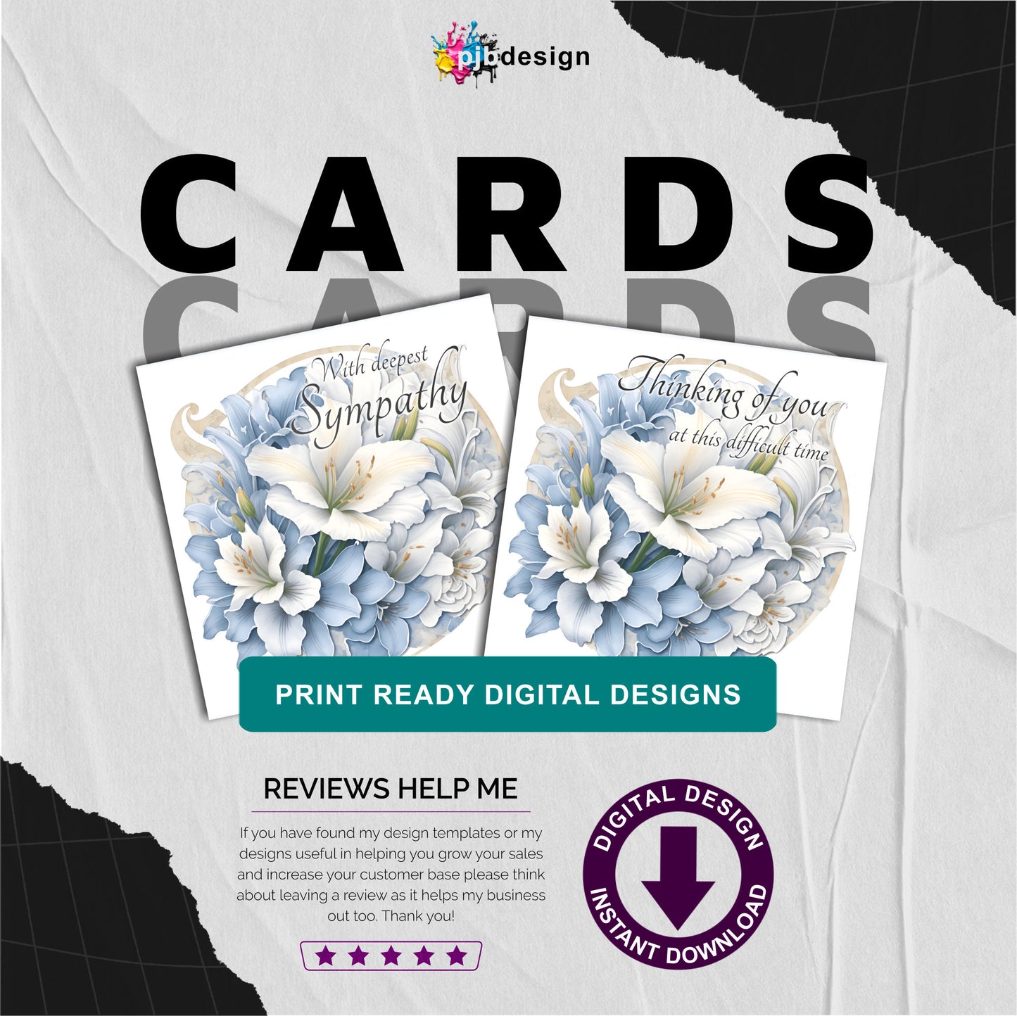 Bereavement Sympathy Card Pack 5 / Square Sympathy Card Double Design Pack / Multiuse / Commercial Use