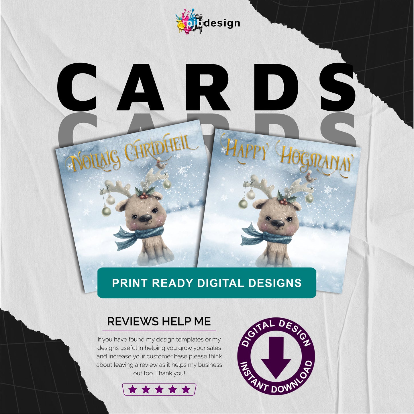 Christmas Card with Scottish Text Reindeer Bundle - Festive Greetings Cards