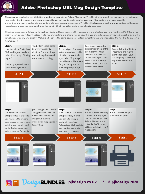 Adobe Photoshop 11oz Ceramic Mug Layout Design Template - 3 Wraps Letter Page