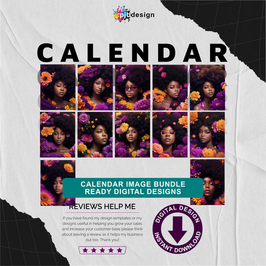 Floral Black Women Calendar Pack of 12 Edited Ai Generated Art Pack 3