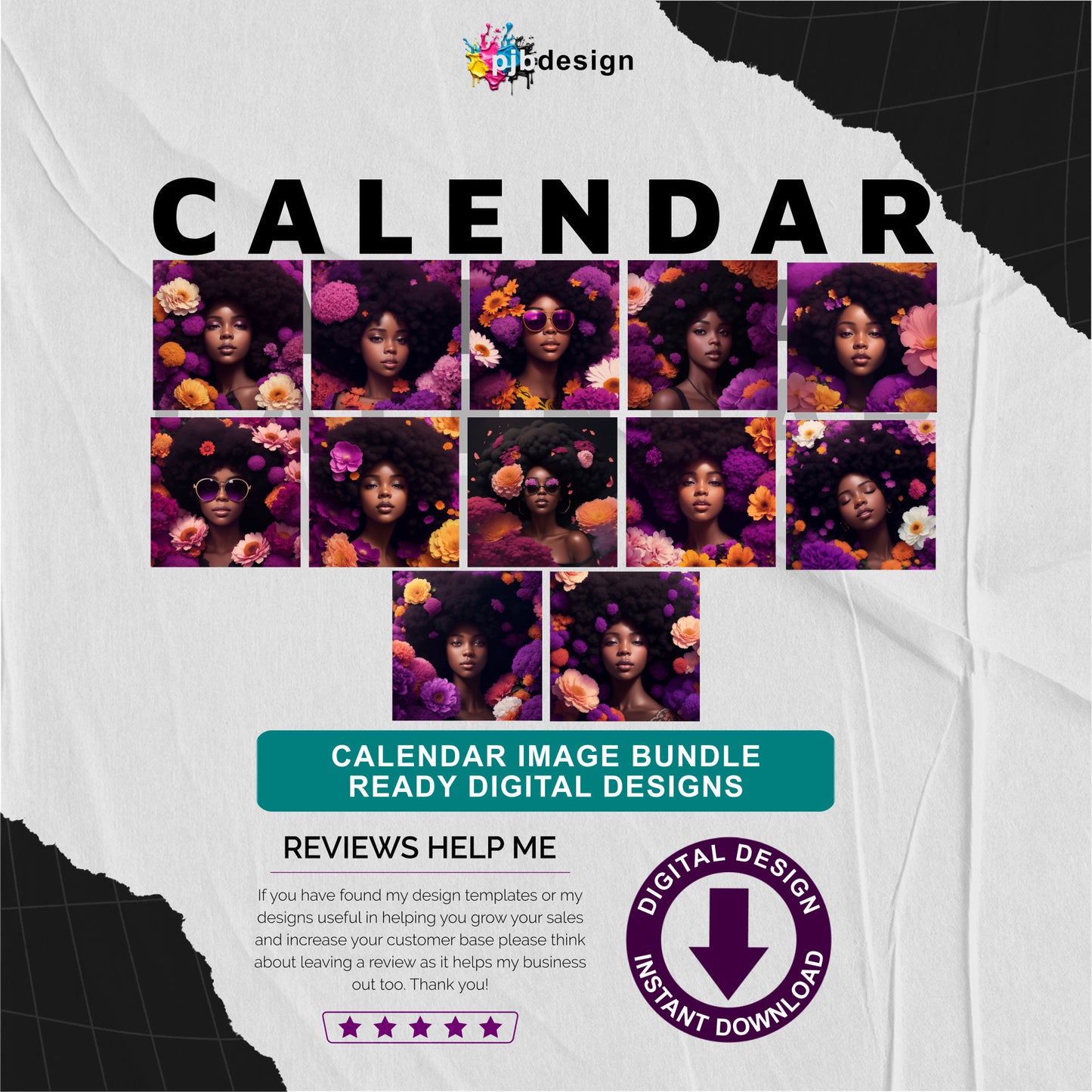 Floral Black Women Calendar Pack of 12 Edited Ai Generated Art Pack 1