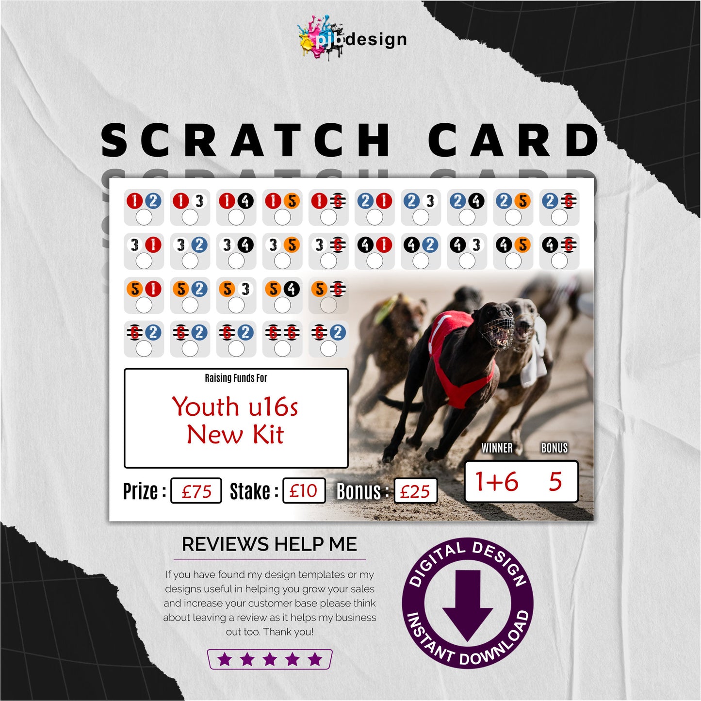 Greyhound Themed Charity Fund Raising Scratch Card - A4 Print at Home