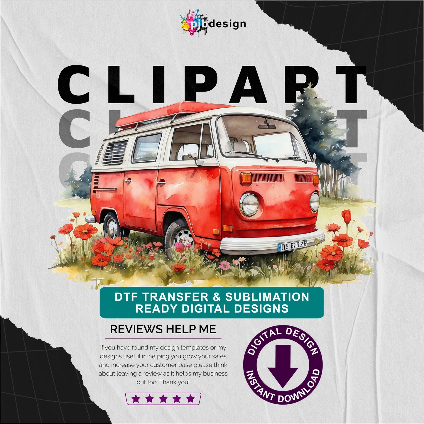 Red Campervan in a Wild Flower Meadow Multiuse Design Edited Ai Generated Art 4