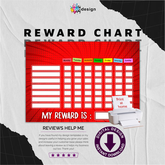 Childrens Reward Chart Red Theme with Blank Sections - A4 Print at Home