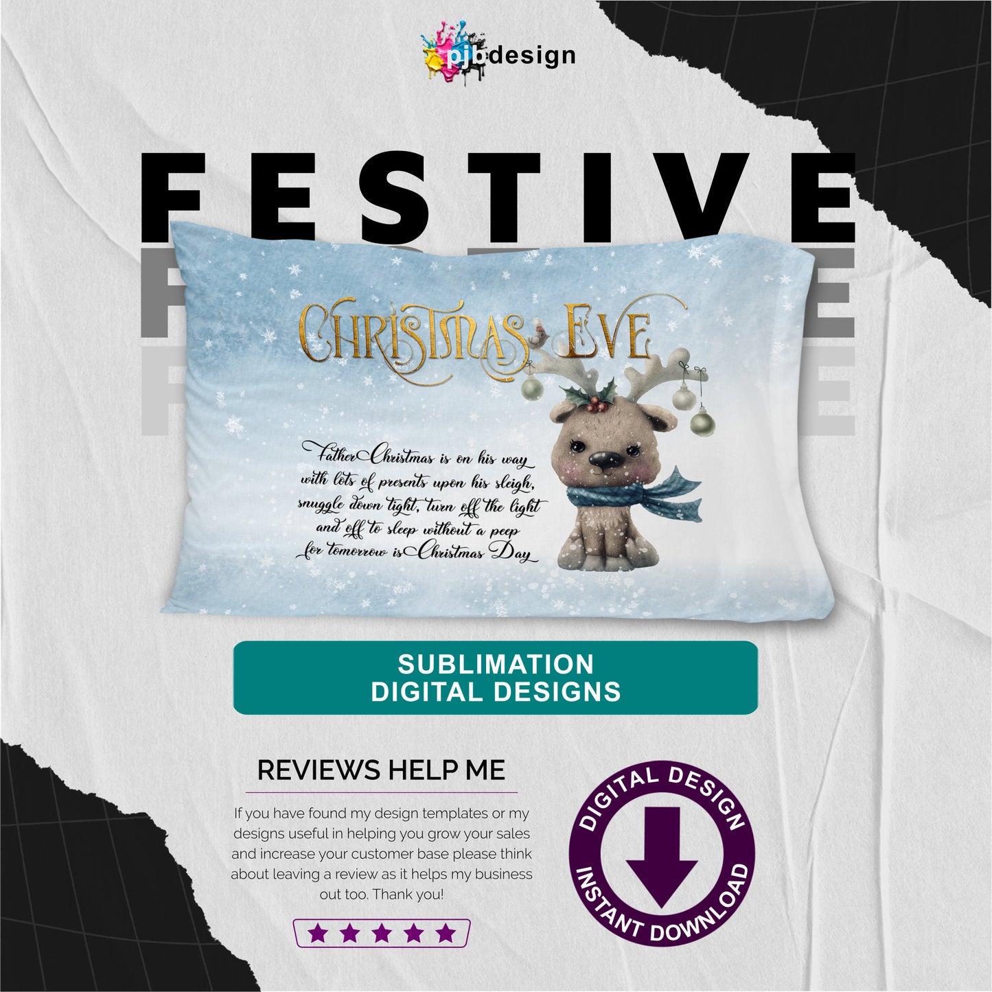 Christmas Eve Pillowcase Design Cute Reindeer - Fixed Text Verse Father Christmas