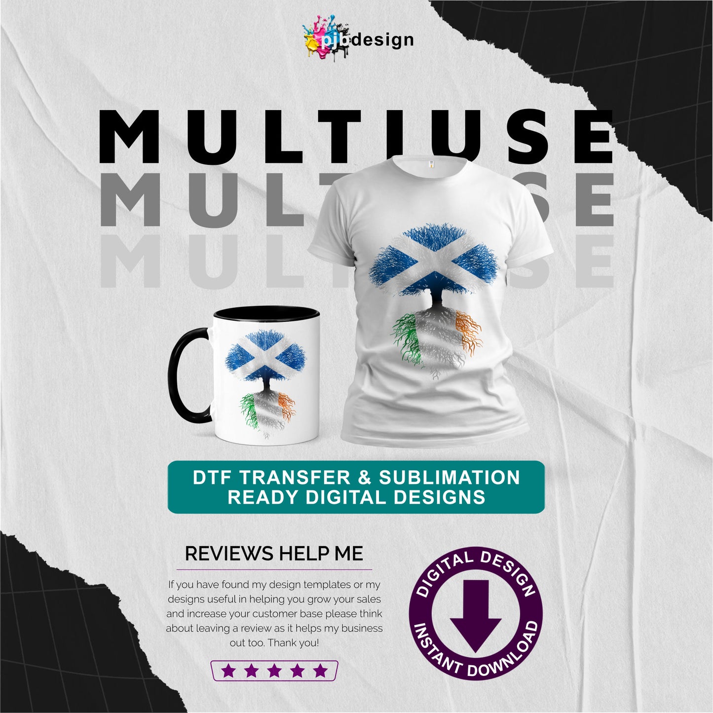 Heritage & Roots Tree Scotland & Ireland - Flag Themed Multiuse Design Transparent PNG Sublimation & DTF