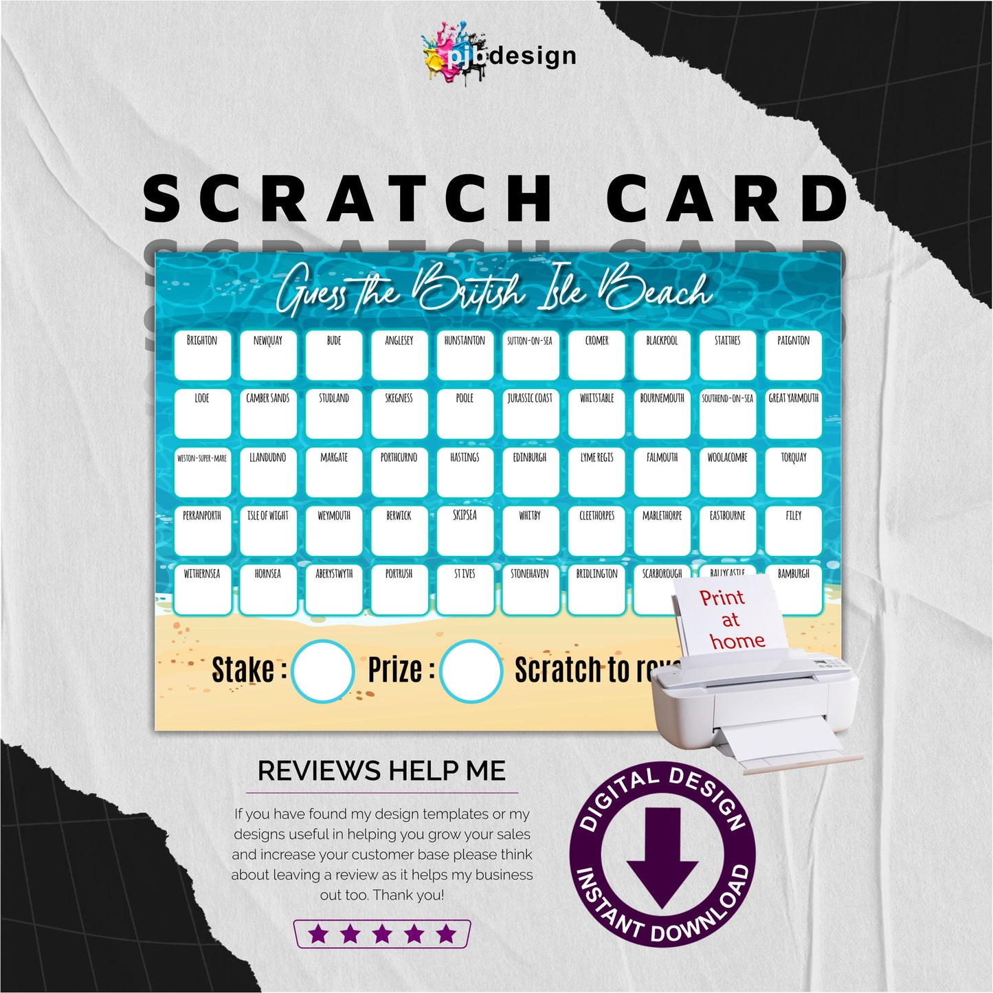 Guess The British Isles Beach Themed Charity Fund Raising Scratch Card - A4 Print at Home