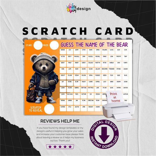 Guess The Bears Name Themed Charity Fund Raising Scratch Card  - A4 Print at Home