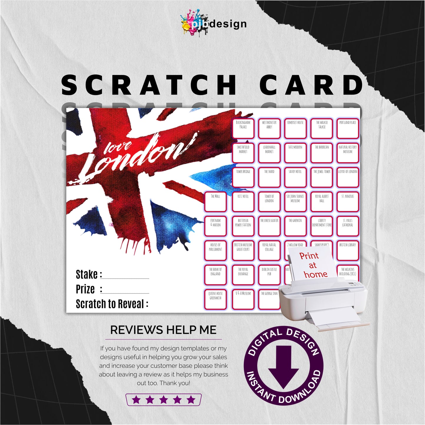 I Love London Themed Charity Fund Raising Scratch Card - A4 Print at Home