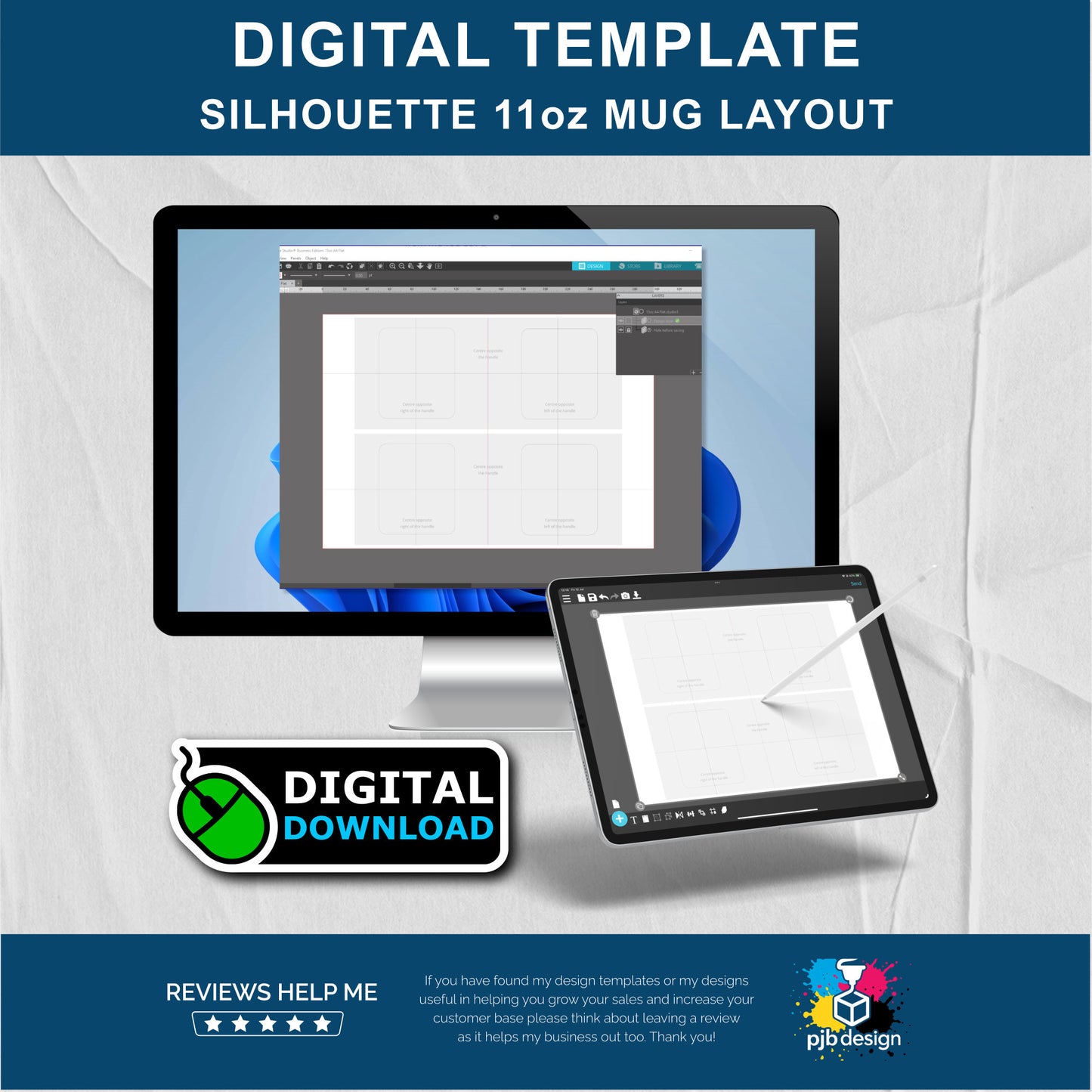 Silhouette Studio 11oz Ceramic Mug Layout Design Template - 3 Wraps A4 Page