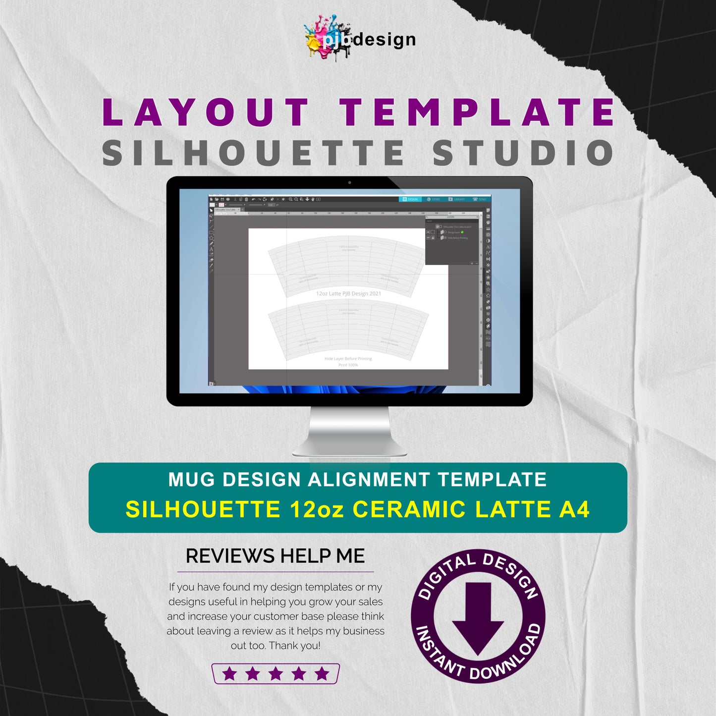 Silhouette Studio 12oz Ceramic Latte Mug Layout Design Template - 2 Wraps A4 Page