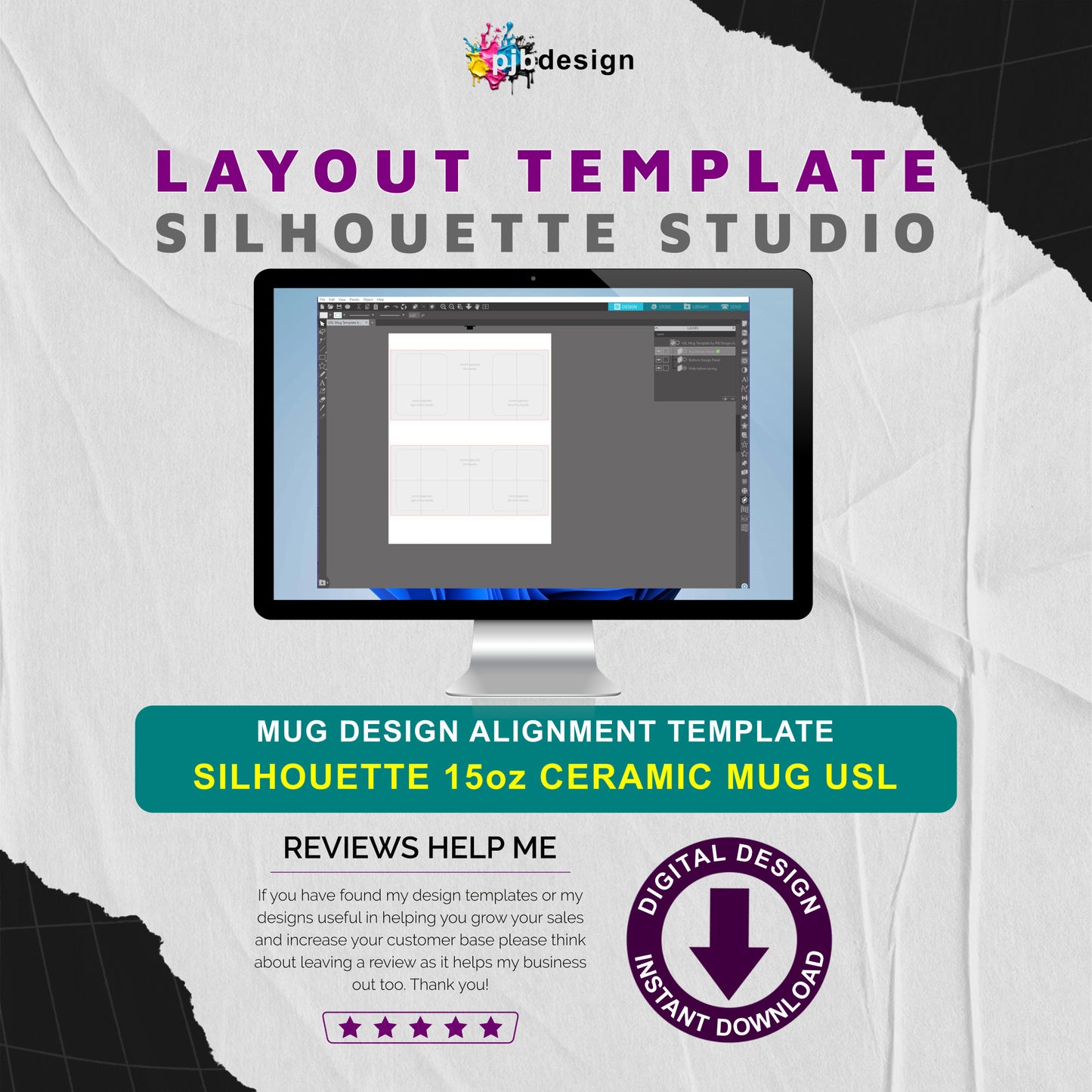 Silhouette Studio 15oz Ceramic Mug Layout Design Template - 2 Wraps USL Page