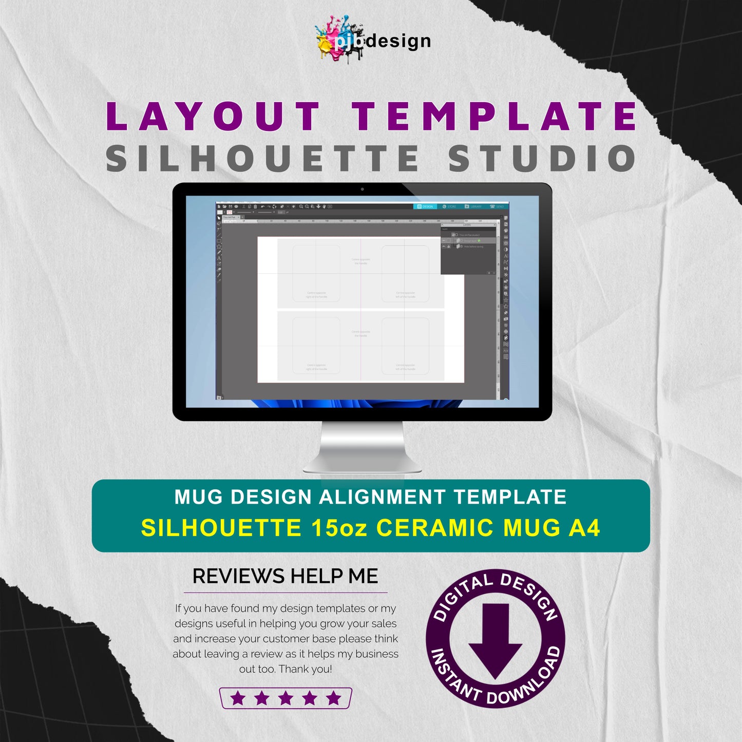Silhouette Studio 15oz Ceramic Mug Layout Design Template - 2 Wraps A4 Page