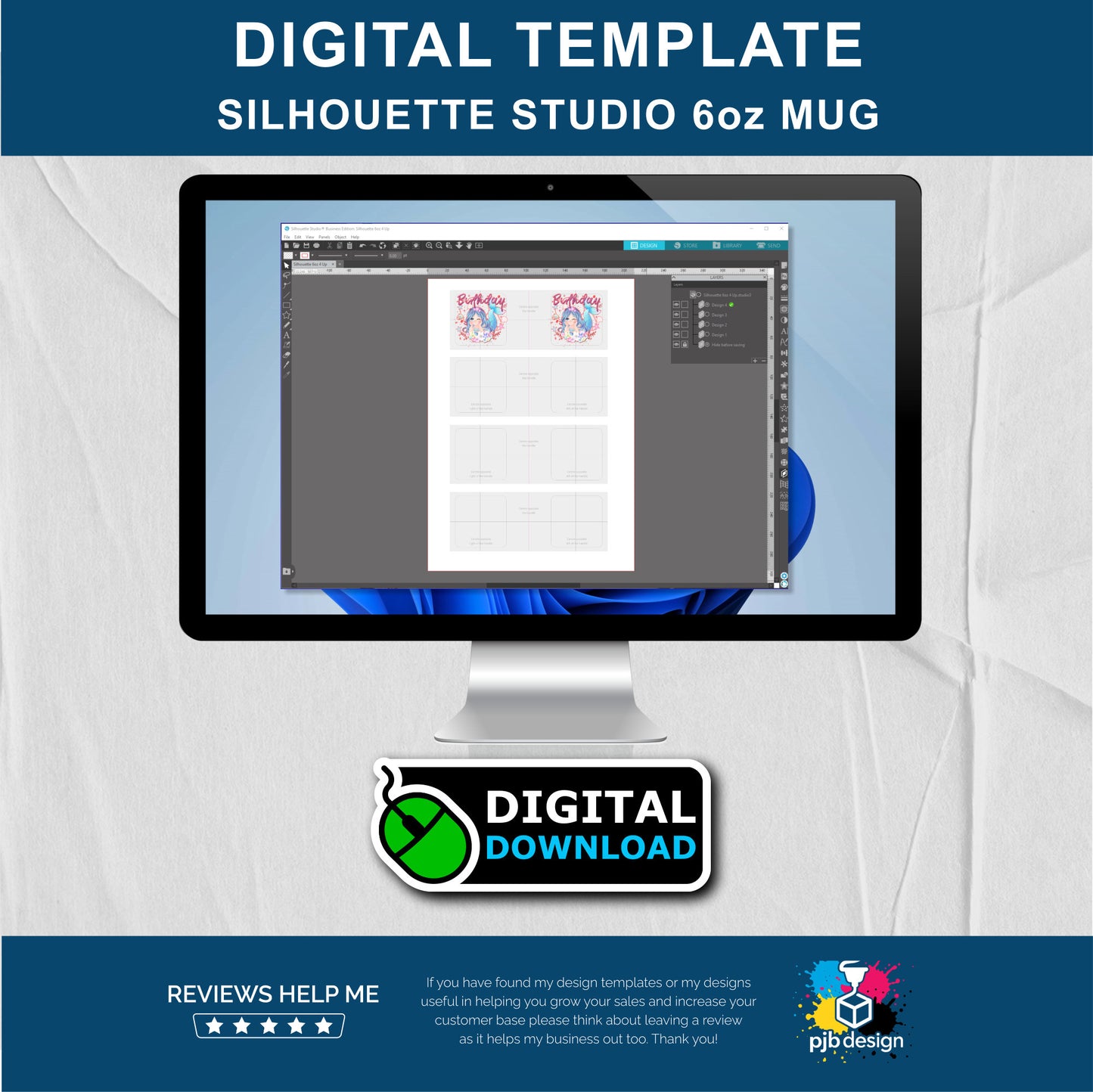 Silhouette Studio 6oz Polymer Mug Layout Design Template - 4 Wraps A4 Page