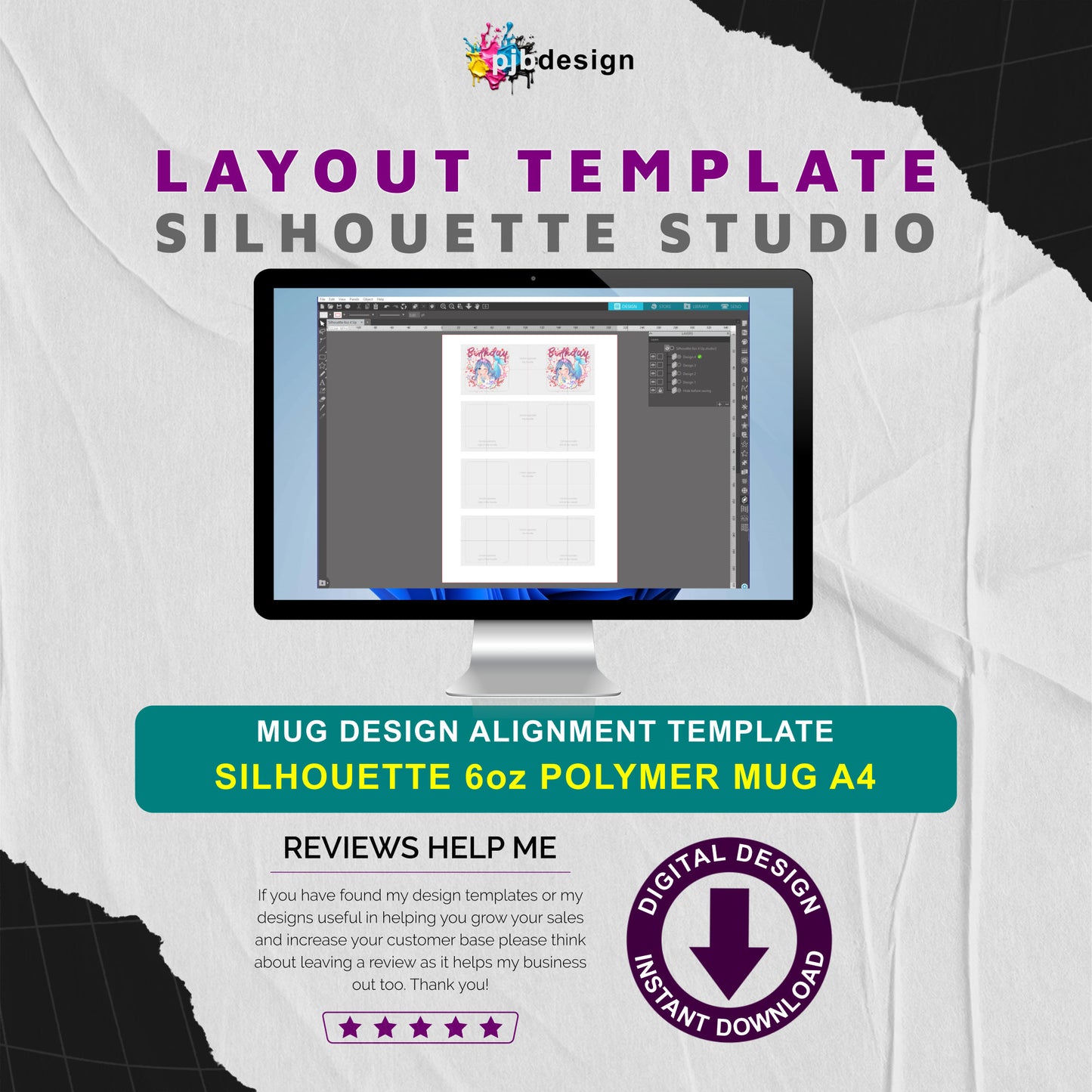 Silhouette Studio 6oz Polymer Mug Layout Design Template - 4 Wraps A4 Page