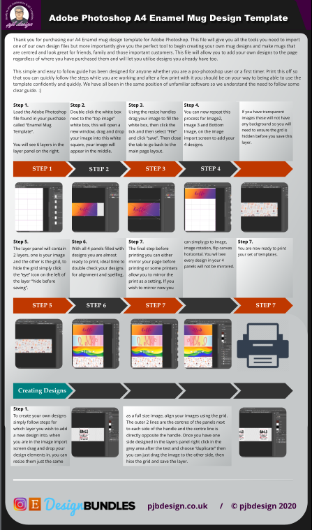 Adobe Photoshop 12oz Enamel Camping Mug Layout Design Template - 4 Wraps Per A4 Page