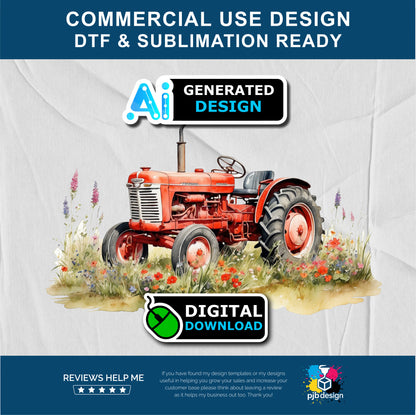 Old Tractor in a Wild Flower Meadow Multiuse Design Edited Ai Generated Art Red 1