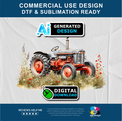 Old Tractor in a Wild Flower Meadow Multiuse Design Edited Ai Generated Art Red 2