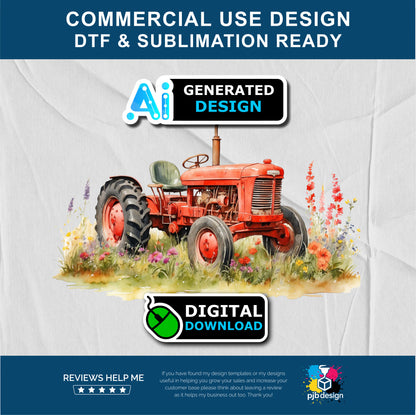 Old Tractor in a Wild Flower Meadow Multiuse Design Edited Ai Generated Art Red 3