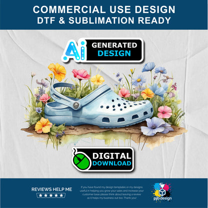 Floral Light Blue Croc Shoe with Wild Flowers Gardening Themed Multiuse Design Edited Ai Generated Art Blue 1