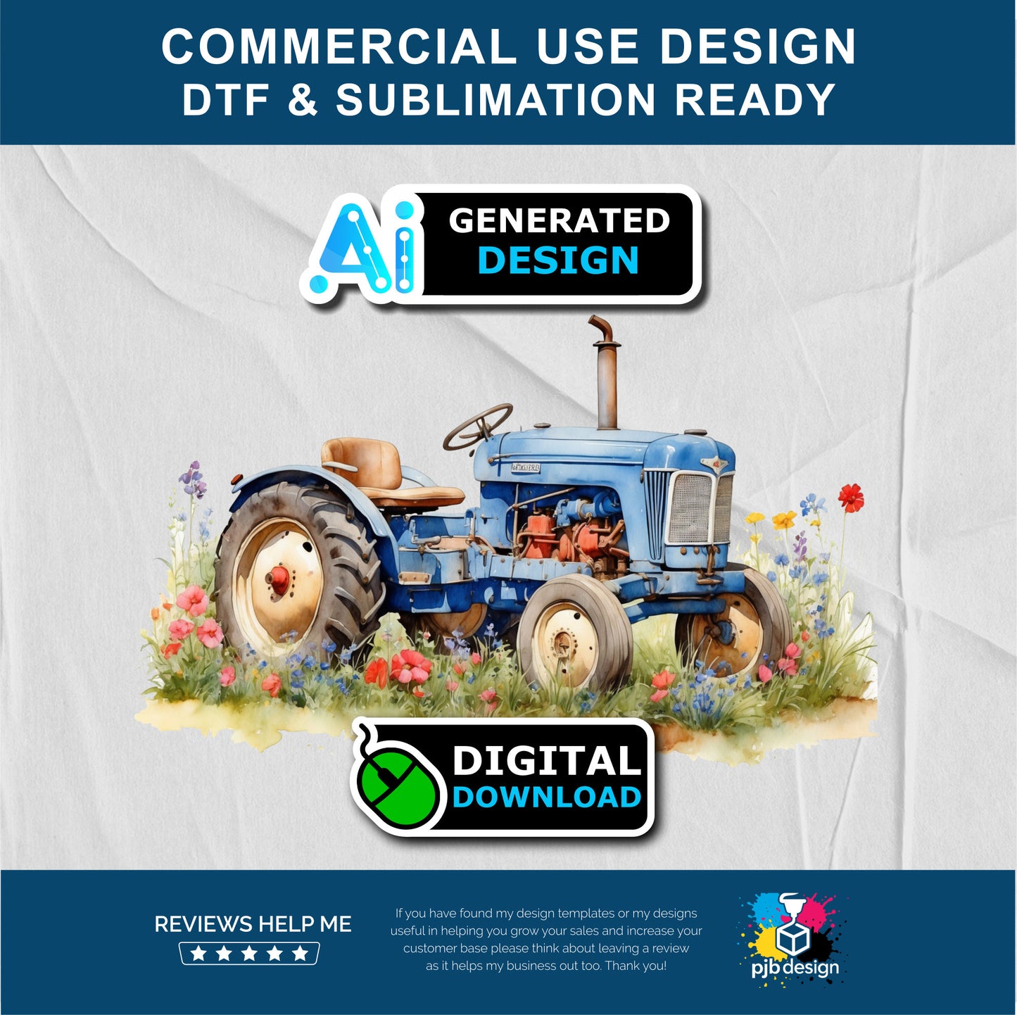 Old Tractor in a Wild Flower Meadow Multiuse Design Edited Ai Generated Art Blue 1