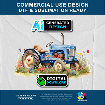 Old Tractor in a Wild Flower Meadow Multiuse Design Edited Ai Generated Art Blue 1