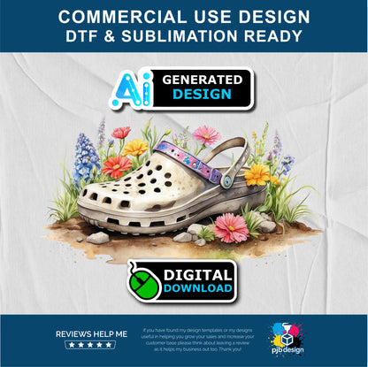 Floral Cream Coloured Croc Shoe with Wild Flowers Gardening Multiuse Design Edited Ai Generated Art Cream 1