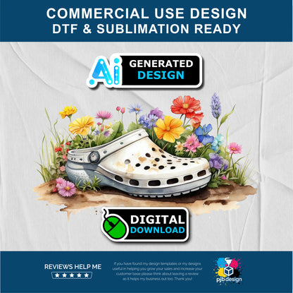 Floral Cream Coloured Croc Shoe with Wild Flowers Gardening Multiuse Design Edited Ai Generated Art Cream 2