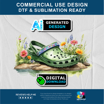 Floral Green Croc Shoe with Wild Flowers Gardening Multiuse Design Edited Ai Generated Art Green 1