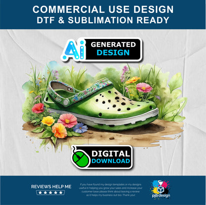 Floral Green Croc Shoe with Wild Flowers Gardening Multiuse Design Edited Ai Generated Art Green 3