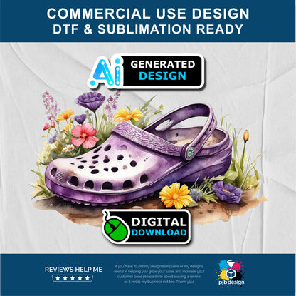 Floral Purple Croc Shoe with Wild Flowers Gardening Multiuse Design Edited Ai Generated Art Purple 1