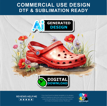 Floral Red Croc Shoe with Wild Flowers Gardening Multiuse Design Edited Ai Generated Art Red 1