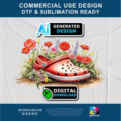 Floral Red Croc Shoe with Wild Flowers Gardening Multiuse Design Edited Ai Generated Art Red 2