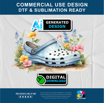 Floral Light Blue Croc Shoe with Wild Flowers Gardening Themed Multiuse Design Edited Ai Generated Art Blue 2