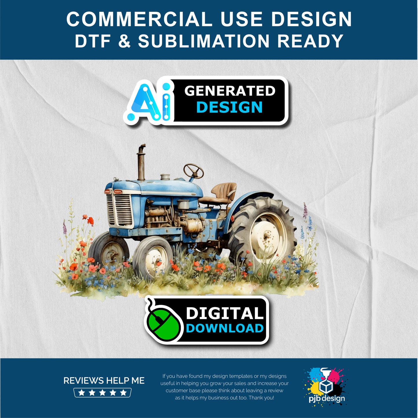 Old Tractor in a Wild Flower Meadow Multiuse Design Edited Ai Generated Art Blue 2